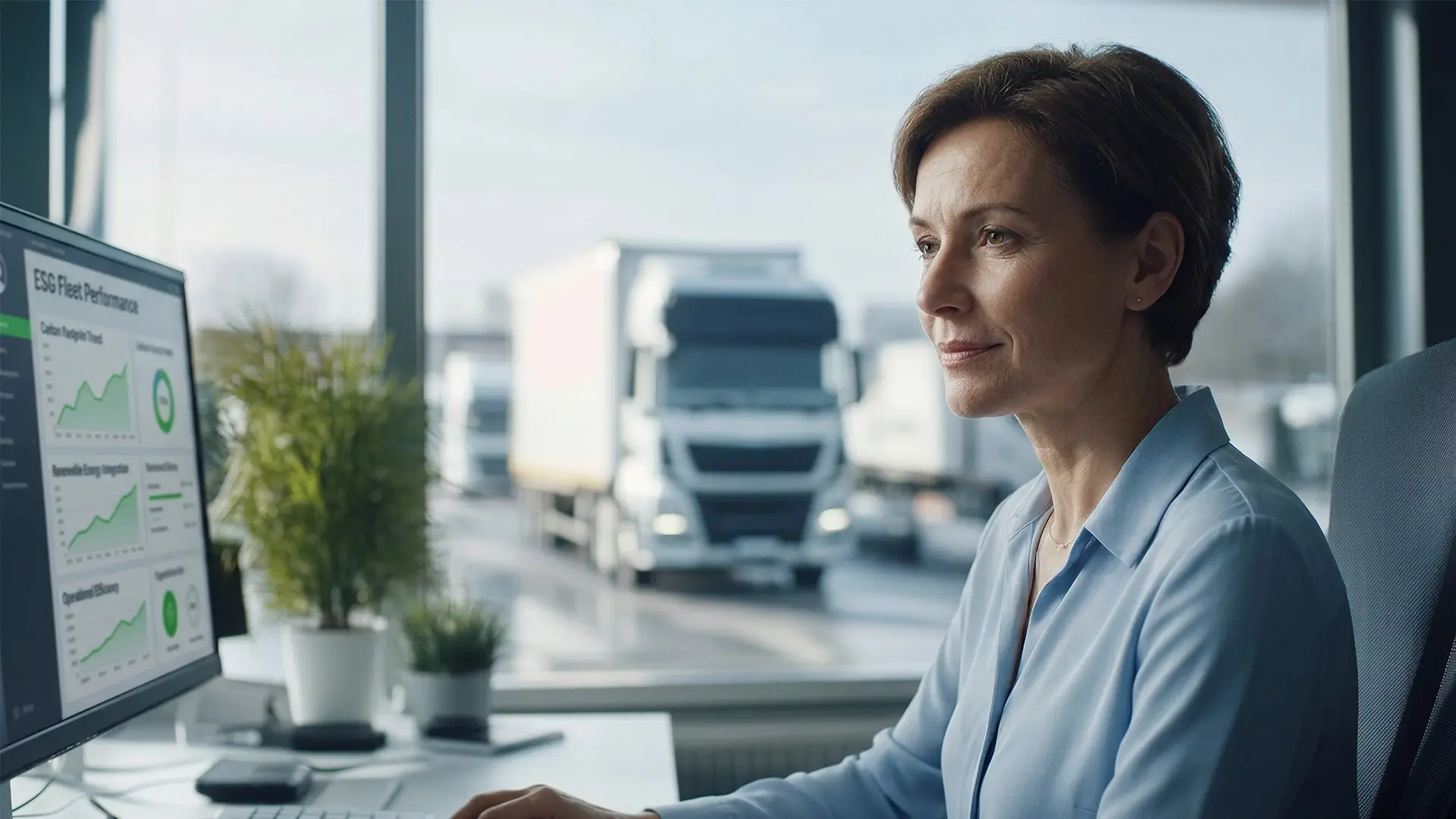 Tiaxon Mitarbeiterin analysiert digitale Flottendaten und Nachhaltigkeitskennzahlen, während Nutzfahrzeuge im Hintergrund für den täglichen Transporteinsatz bereitstehen