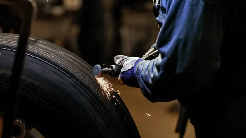 Tiaxon Mitarbeiter bei der Bearbeitung eines Nutzfahrzeugreifens im Prozess der Runderneuerung