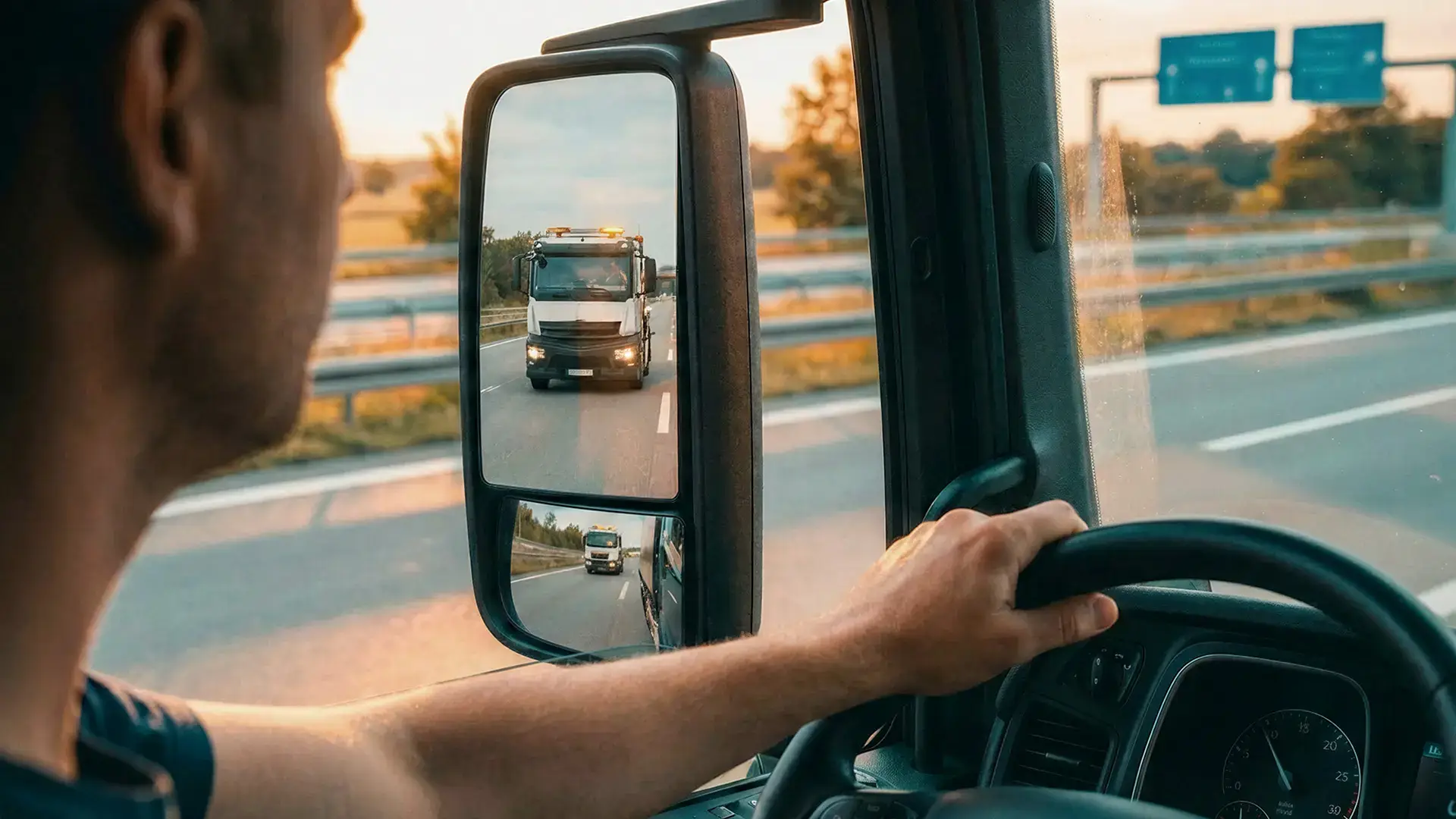 Tiaxon Fahrer im LKW auf der Autobahn mit Blick in den Außenspiegel während des täglichen Transporteinsatzes