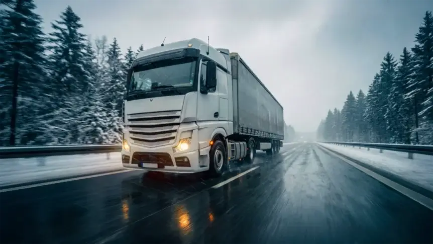 Tiaxon Reifenlösungen für sicheren Fernverkehr mit LKW auf winterlicher Autobahn bei Schnee und Nässe