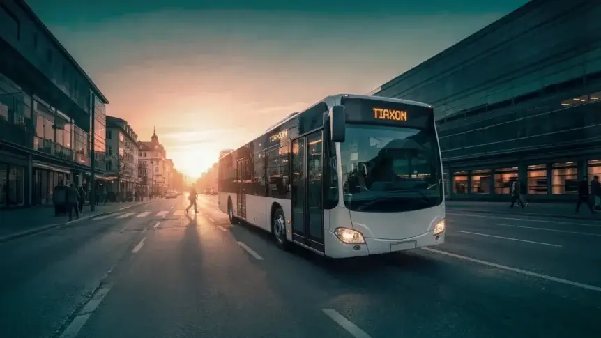 Tiaxon-Bus im urbanen Stadtverkehr als Symbol für zuverlässige Mobilitäts- und Reifenlösungen im Kommunal- und Personentransport